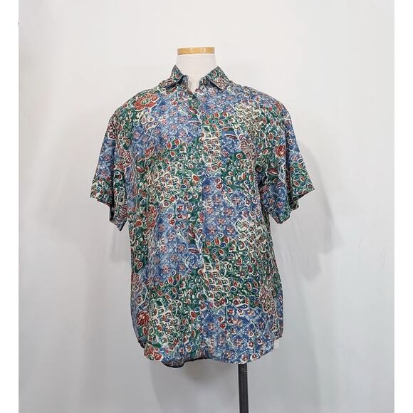 Vintage Tops - Vintage 90s Blouse Silk Blue Red Floral Short Sleeve Shirt Top Misses Size S